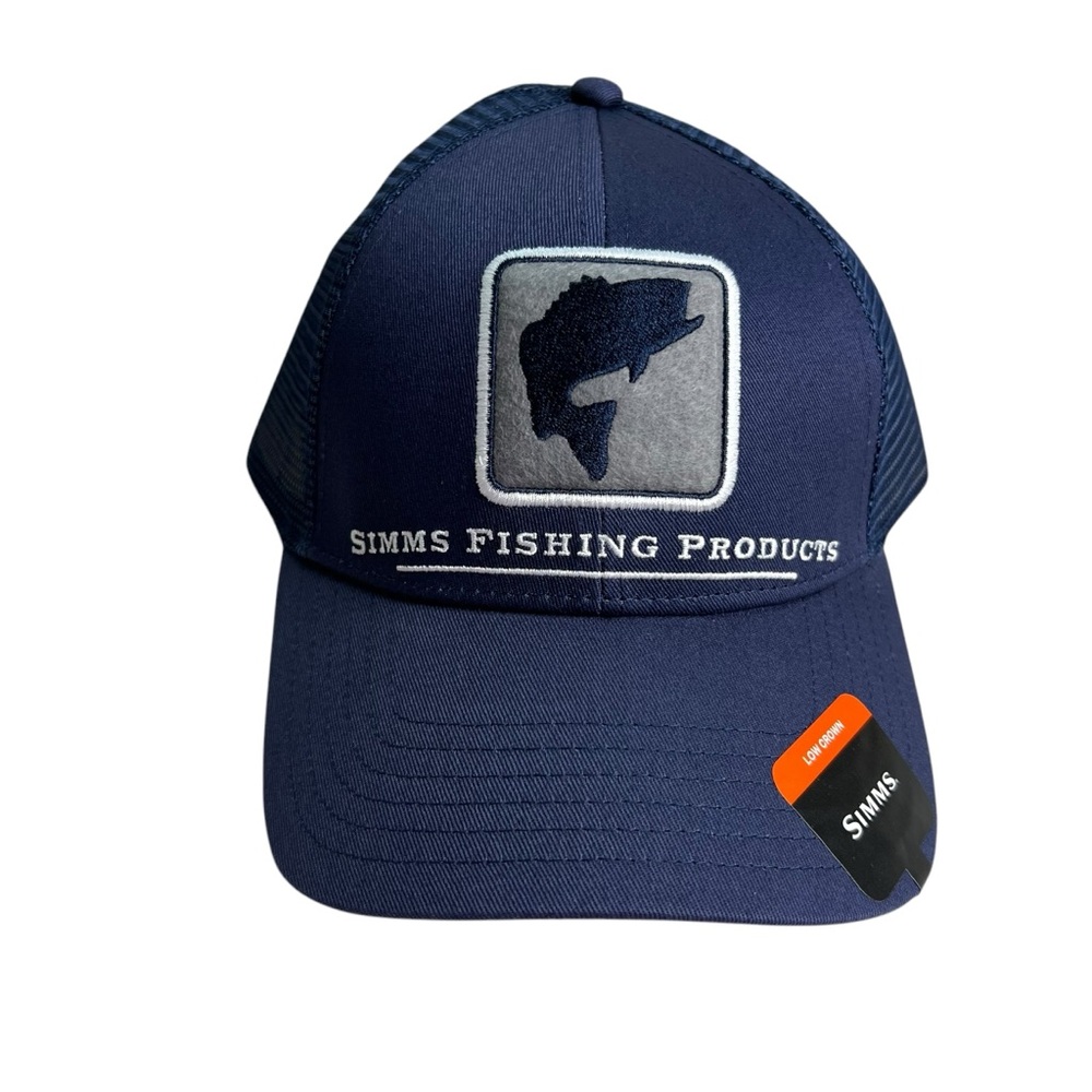 Simms Fishing Bass Icon Admiral Steel Low Crown Blue Mesh Snap Back Trucker Hat
